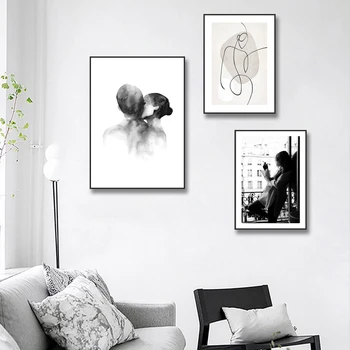 Moderne Mode Kvinde, Plakat Print Back Hvid Stil Banana Leaf Plante Kys Abstrakte Line Væg Kunst, Mode, Billeder til Hjemmet Indretning