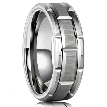 Moderne Mænd 8MM Wolfram Stål Ring i Sølv Farve Børstet Dobbelt Groove Mønster Mænds Bryllup Ring Party Smykker Til Kvinder Gave