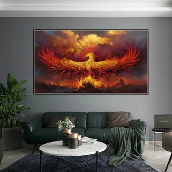 Moderne kunst golden phoenix plakat og lærred maleri, golden flame væg kunst vægmaleri, anvendes til privat soveværelse dekoration, rammeløse