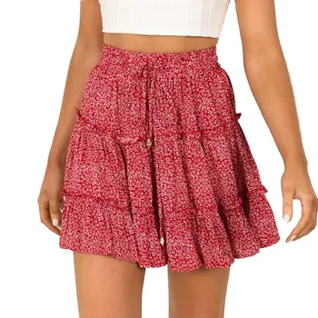 Mujer Faldas novedad de verano de moda bohemio Floral de la impresión de alta cinturaS64 volantes Mini faldas elástico las ni?som