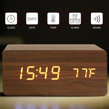 Multifunktionelle Led Træ Elektronisk Vækkeur med Mute-Temperatur Dual Display Vækkeur Usb-Vækkeur