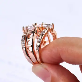 MxGxFam 3 Ring Set Hjerte For Kvinder, Kvindelige Rosa Guld farve, Mode Smykker Bijoux AAA+ Cubic Zircon Oprindelige Design