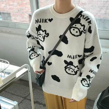 Mælk, Som Køerne Tegnefilm Sweater Kvinder Kawaii Vintage Strikkede Trøjer Løs O-Hals Lange Ærmer Koreanske Pullovere Hvid Outwear 2020 X356