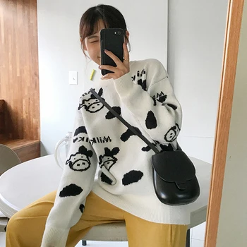 Mælk, Som Køerne Tegnefilm Sweater Kvinder Kawaii Vintage Strikkede Trøjer Løs O-Hals Lange Ærmer Koreanske Pullovere Hvid Outwear 2020 X356