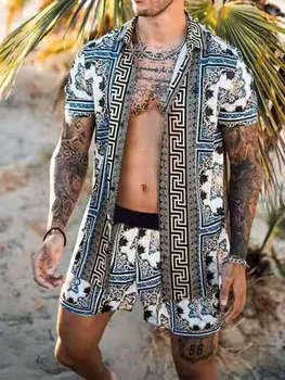Mænd Hawaii Sæt Udskrivning 2021 Sommeren Korte Ærmer-Knappen Shirt Beach Shorts Streetwear Casual Herre Passer til 2 stk S-3XL