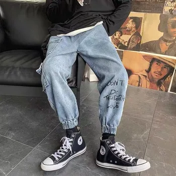 Mænd Jeans Denim Plus Størrelse 3XL Løs Trykt Bundt Multi Lommer Solid koreansk Mode Fritids-Hip-hop Mandlige Bukser Ins Nye Smarte