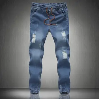 Mænd Jeans Hul Lomme Længe Mænd Rippet Skinny Jeans Blå Blyant Snor lomme Sweatpants Streetwear 2021 джинсы