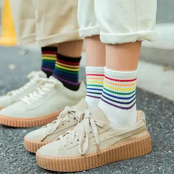 Mænd Kvinder Unisex Rainbow Sokker af Bomuld Hvid Sort Sok Farverige Stribet Hip hop Mode Harajuku Skateboard Sox Meias Kort Soks