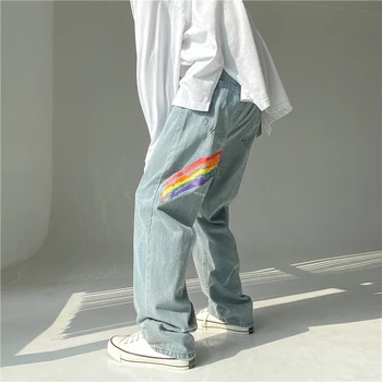 Mænd ' s Rainbow Trykt Jeans 2021 Mode Kvinde Afslappet Oversize Denim løse Bukser koreanske Streetwear Mandlige Jeans til mænd