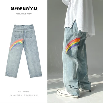 Mænd ' s Rainbow Trykt Jeans 2021 Mode Kvinde Afslappet Oversize Denim løse Bukser koreanske Streetwear Mandlige Jeans til mænd