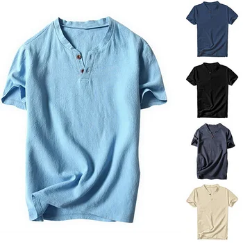Mænds Bomuld t-shirt 2021 Nye Hot V-Hals Hør kortærmet Casual Henley T-Shirt Løs Solid Farve Sommeren Afslappet Flot Skjorte