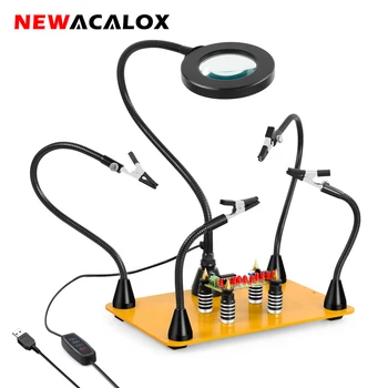 NEWACALOX Lodning Hjælpende Hånd Magnetiske Base PCB Indehaveren Af med 3X LED Lyser Lup Lampe Lodning Tredje Hånd Værktøj