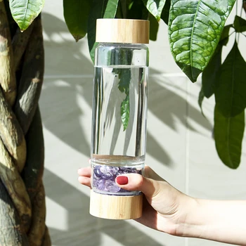 Naturlig Krystal Vand Flaske Healing Obelisk Elixir Kvarts Krystal Energi Sundt At Drikke Glas Bambus Vand Vintage Flaske