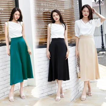 Nederdele koreansk dame temperament, elegant satin drapere nederdel kvindelige sommeren komfortable høj talje mid-længde nederdel Faldas de mujer