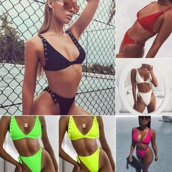 Neon Grøn Høj Talje bikini 2020 Justere Rem Badedragt kvinder g-streng Badetøj Kvindelige To stykker bikini sæt Brasilianske badedragt