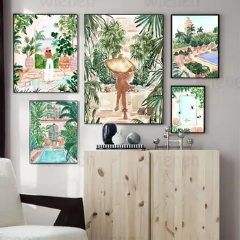 Nordisk Maleri Lærred Fredelig Marokko Ferie Pige Illustration Plakater og Prints Hotellets Swimmingpool Resort Lobby Hjem Deco -
