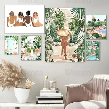 Nordisk Maleri Lærred Fredelig Marokko Ferie Pige Illustration Plakater og Prints Hotellets Swimmingpool Resort Lobby Hjem Deco -