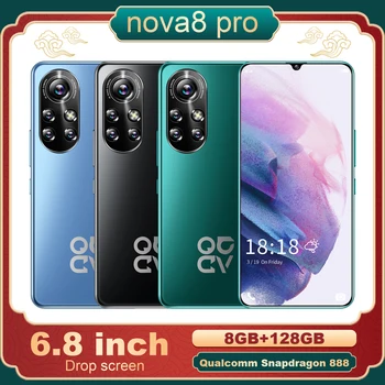 Nova8 Pro Galaxy Globale Version Smartphone 6.8 Tommer Fuld HD-Skærm, Støtte Face Unlock 6500mAh Android 11 8+256GB 5G Mobiltelefon