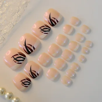 Nude Tryk På Tånegle For Kvinder 24pcs Akvatiske Falsk Tå Negle Med Design Fod fransk Pedicure Negle Kunst