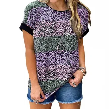 Nye 2021 Kvinder Sommeren Leopard Print T-Shirts Patchwork Korte Ærmer Casual Toppe Fashion Tee Kvindelige Street T-Shirt Plus Størrelse 5XL