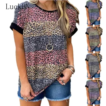 Nye 2021 Kvinder Sommeren Leopard Print T-Shirts Patchwork Korte Ærmer Casual Toppe Fashion Tee Kvindelige Street T-Shirt Plus Størrelse 5XL