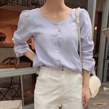Nye 2021 Sommer Efterår Kvinders Moderigtige Bluser med V-Hals Elegante Ruched Vintage koreanske Minimalistisk Stil Shirts Dame Toppe BL3195