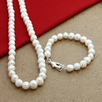 Nye 8mm Naturlige Perle Beaded Kæde 925 Sølv Lås Halskæde Armbånd Sæt Til Kvinder, Bryllup, Engagement Party Smykker