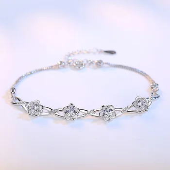 Nye 925 Sølv Armbånd Crystal Zircon Peach Blossom Blomster Sølv Armbånd Til Kvinde Charme Smykker Gave