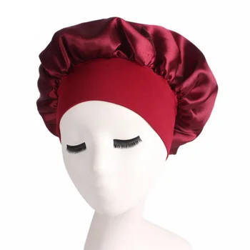 Nye Fashion Kvinder Satin Nats Søvn Cap Hår Bonnet Hat Silke Hoved Dækker Bredt Elastik Stor Solid Farve Wrap Dit Hoved