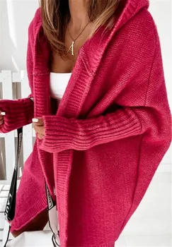 Nye Kvinder er Strikket Cardigan Sweater Med Hætte, Krave Temperament Bat-formet Hoodie Blød Løs Tilbage Sstitching Sweater