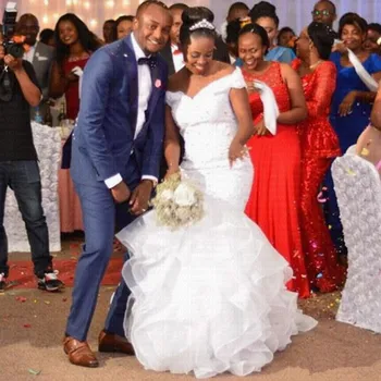 Nye Off Skulderen Havfrue arabisk Bryllup Kjole 2021 snøre Tilbage Fantastiske Flæser Pynt Perler Afrikanske Brude Kjoler
