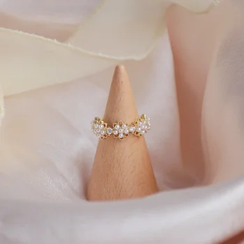 Nyt Design, Mode Smykker Hule Blomster Perle med Rhinestone Sød Åbne Ringe til Kvinde Ferie Part Index Finger Ring