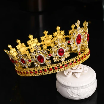 Nyt design, Store Runde Diademer Og Kroner Guld, Rød Krystal Diadem Til Dronningen, Prinsesse, Konge Brude Bryllup Hår Tilbehør Medaljon