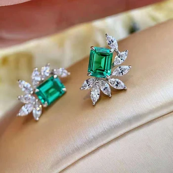 OEVAS 925 Sterling Sølv Real Lab Vokset Emerald High Carbon Diamant Stub Øreringe Til Kvinder, Mousserende Bryllup Fine Smykker