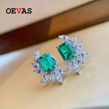 OEVAS 925 Sterling Sølv Real Lab Vokset Emerald High Carbon Diamant Stub Øreringe Til Kvinder, Mousserende Bryllup Fine Smykker