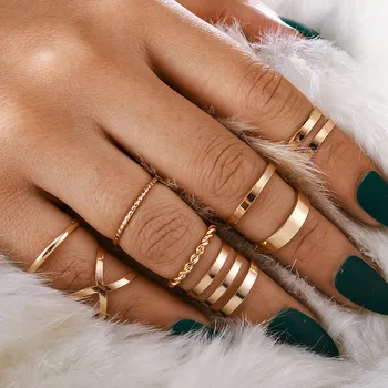 Oprindelige Design Guld Farve Runde Hule Geometriske Ringe Sæt Til Kvinder Mode På Tværs Twist Åben Ring Fælles Ring Kvindelige Smykker