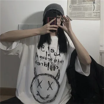 Overdimensionerede Brand Grafisk Print Kvinder Short Sleeve T-Shirt Top Summer Harajuku Gotisk Punk Æstetiske Hip Hop Streetwear Pullovere