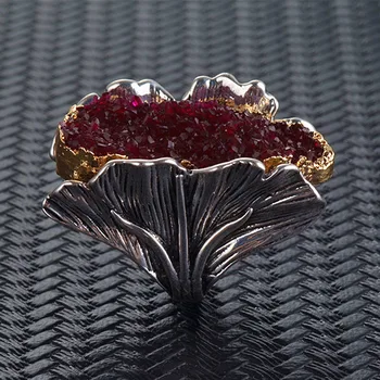 Overdrevet Vintage Bohemia natursten Ginkgo Ringe for Kvinder Rød Blå Krystal Stor Blomst Antik Erklæring Vielsesring