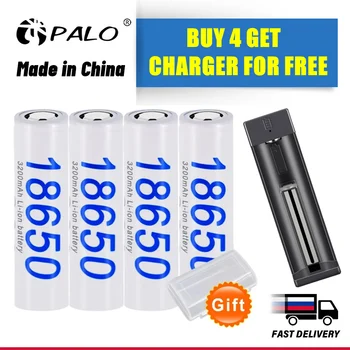 PALO 18650 Li-ion Holdbar 3200mAh Genopladeligt Lithium Batterier af 3,7 V Batteri til LED Lommelygte - Køb 4 Få oplader gratis