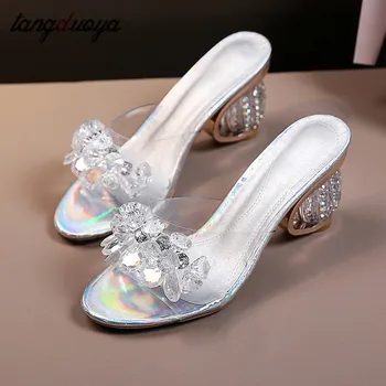 PVC-sandaler kvindelige crystal tøfler høje hæle lyse diamant gennemsigtig sandaler, tøfler pumper damer sko Shoes de mujer