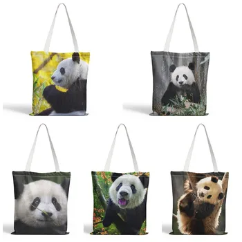 Panda Shopping Taske Eco Genanvendelige Canvas Shopper Taske Kvindelige Daglig Brug Foldbar Taske, Skuldertaske, Søde, Sjove Håndtaske