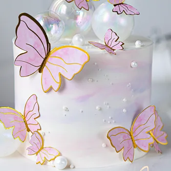 Passer Til Pink Blå Sommerfugl Kage Topper Dessert Happy Birthday Party Bryllup Picks Kunstig Blomst Skønhed Kage, Flag, Baby Shower