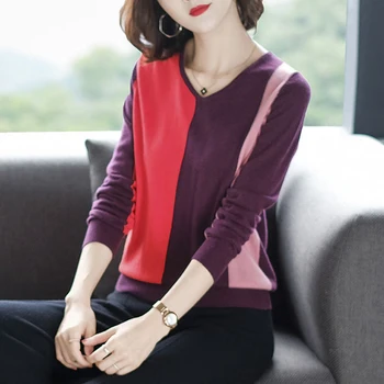 Patchwork Kontrast Farve V-Hals Strik, Toppe Kvinder koreansk Stil langærmet Foråret Pullovere 2021 Nye Casual Løs Strik