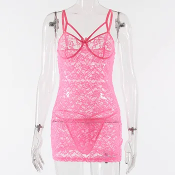 Pink Blomst Sexet Top Sove Undertøj Kostume Taske Hip Hofteholder Sovende Nederdel Kvinder Gennemsigtige Trusser Og Stropper Sexet Bh-Sæt