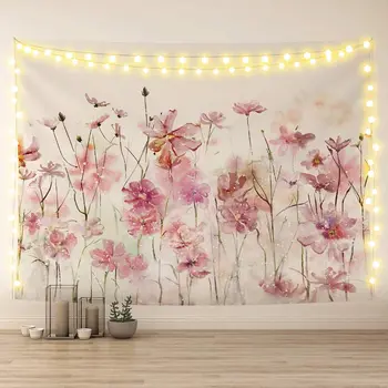 Pink Blomster Mosaik Væg Hængende Romantiske Blomster Wildflower Planter, Natur, Landskab Tapestrie Dekoration til Soveværelse, Stue