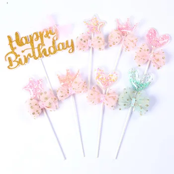 Pink Elsker Happy Birthday Cake Topper Crown Fe PVC Bryllup Cupcake Topper til Bryllup Piger Fødselsdag Kage Dekorationer