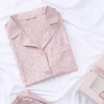Pink Leopard Pyjamas Sæt Satin Kvinder Loungewear Casual 2STK Shirt&Nattøj Bukser Faux Silke Nattøj Intime Lingeri