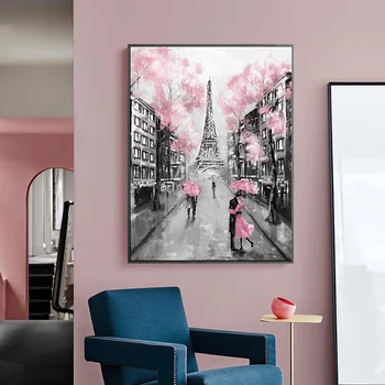 Pink Romantiske By Par Paris Eiffel Tower Landskab Olie på Lærred Maleri Plakater og Print Væg Kunst Billede til stuen