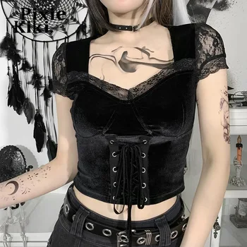 PixieKiki Black Velvet Lace Sexet Afgrøde Top Kvinder Fe Grunge Cyber Y2k Vintage Mørke Kawaii T-Shirt Alternativ Tøj P80-CA13