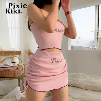 PixieKiki Sød Sexet Baby Rhinestones Mini Nederdel og en Afgrøde Top To Stykke Tøj til Kvinder, Matchende Sæt Pink Clubwear P95-CZ23